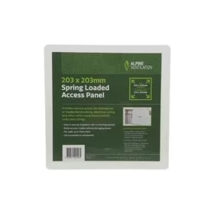 white square spring loaded ceiling access panel. Text description on product face.