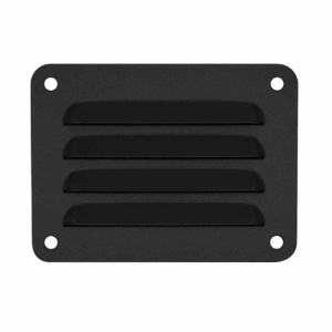 black pressed wall vent with four screw holes on the four corners of the product.