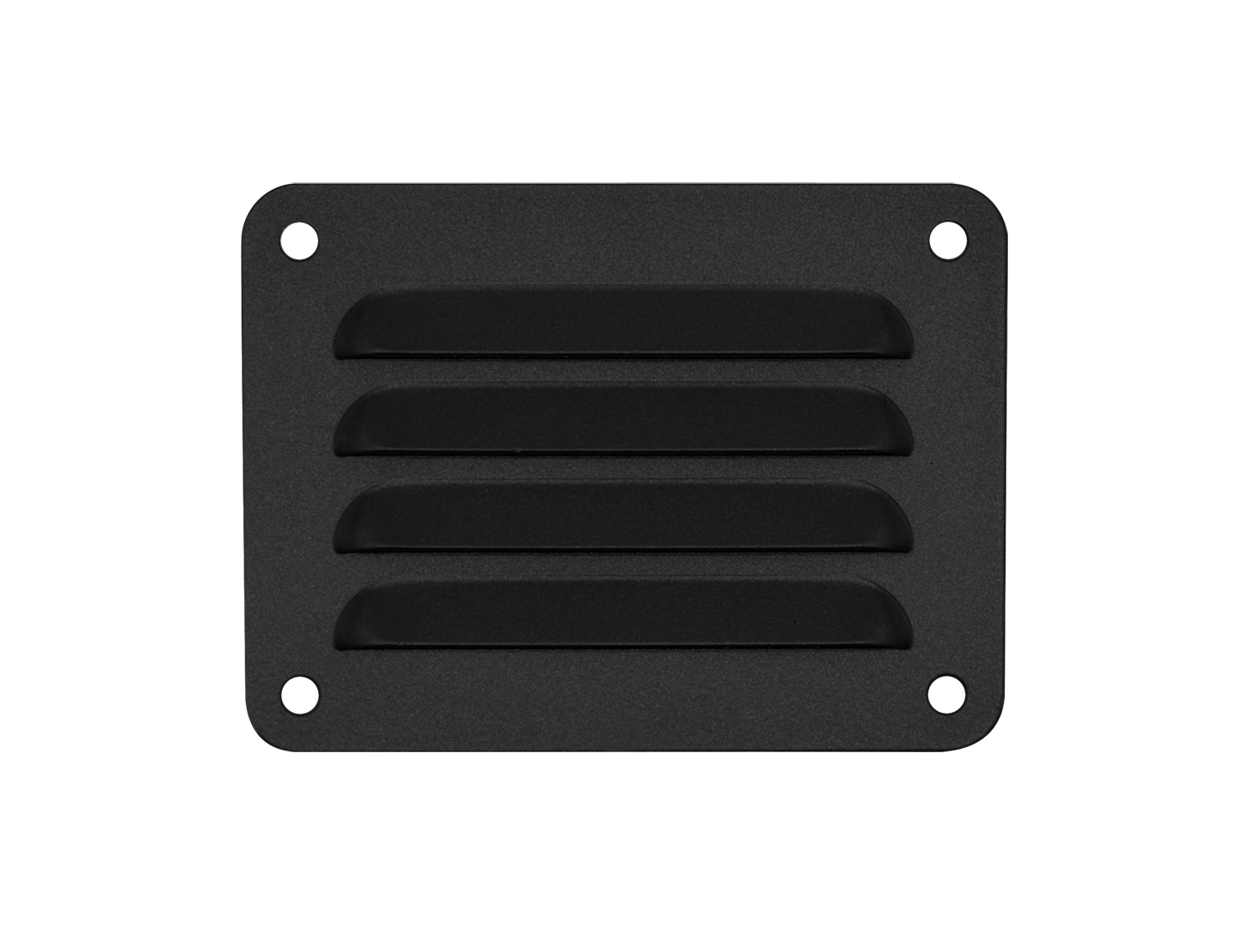 black pressed wall vent with four screw holes on the four corners of the product.