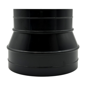 black ABS plastic duct reducer. Duct connector opening on top 125mm opening and bottom 150mm opening.