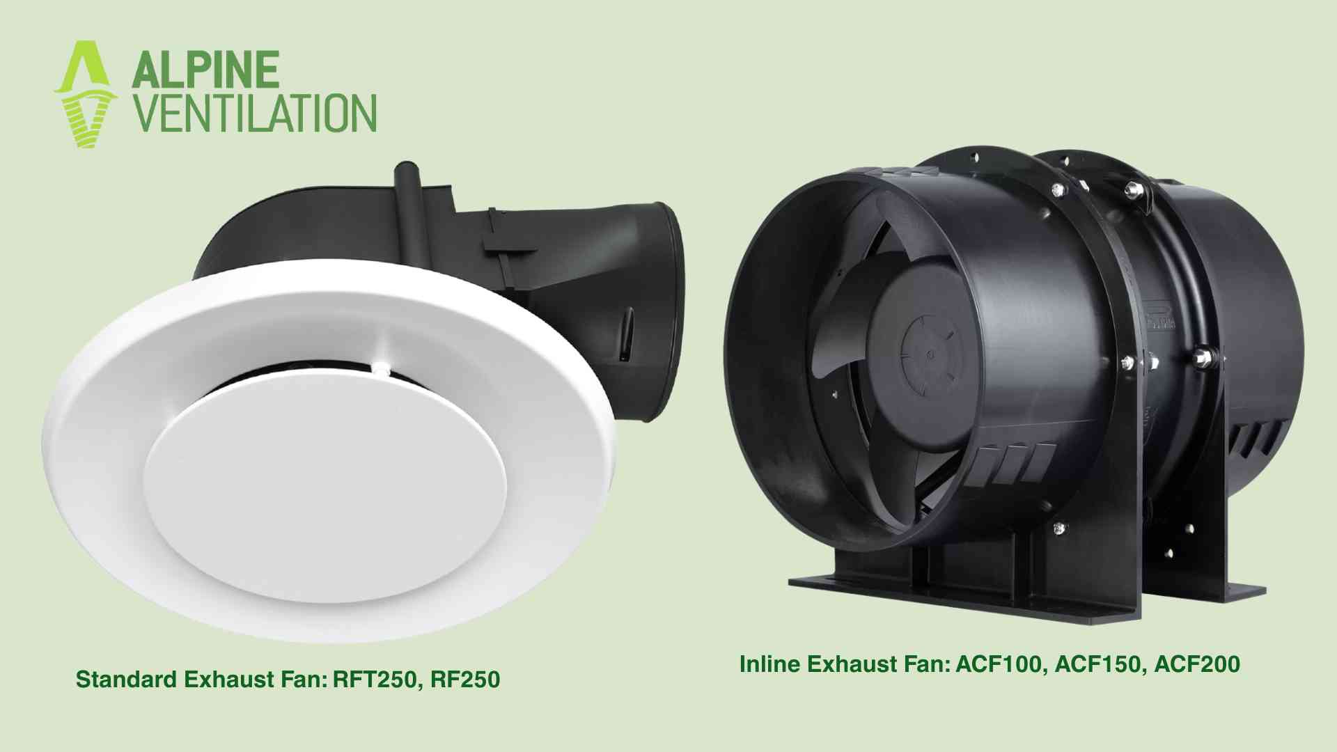 options for exhaust fans. Shows Alpine standard model exhaust fans and inline exhaust fan