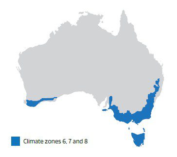 Map of Australia highlighting Climate Zones 6, 7 and 8